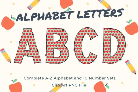 Back to School Alphabet Doodle Red Apple Graphics